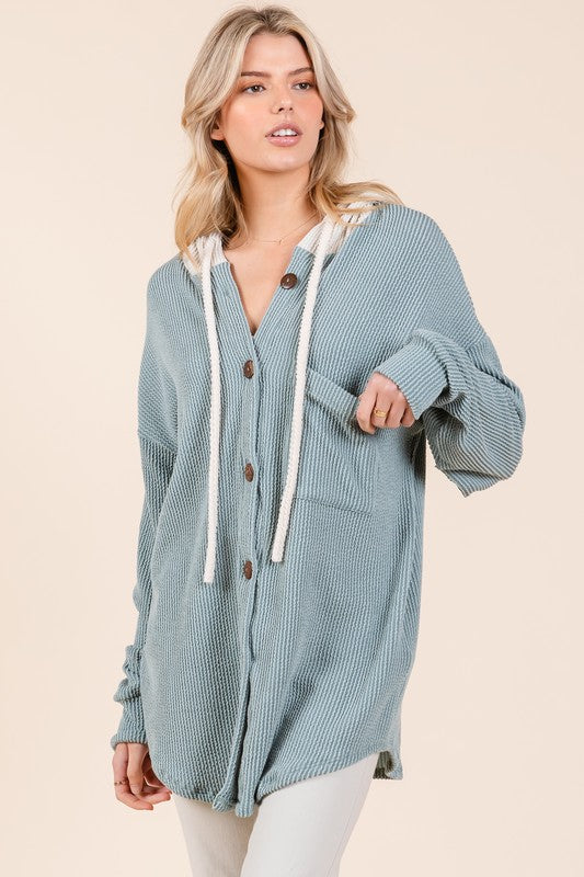 Blue Zone Planet | BOMBOM Textured Button Down Drawstring Hooded Shacket-Tops / Dresses-[Adult]-[Female]-Air Force Blue-S-2022 Online Blue Zone Planet