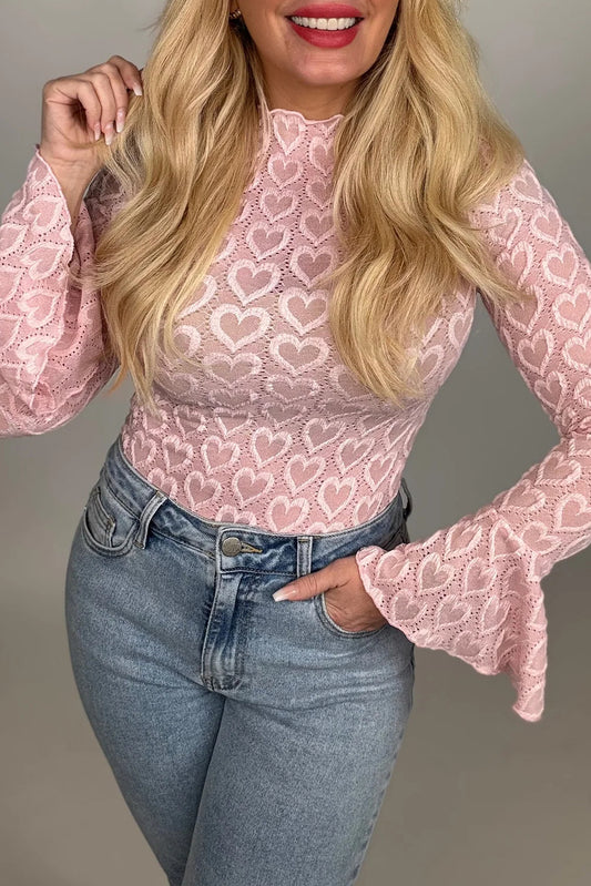 Gossamer Pink Heart Jacquard Flare Sleeve Mock Neck Fitted Top-Tops/Long Sleeve Tops-[Adult]-[Female]-Gossamer Pink-S-2022 Online Blue Zone Planet