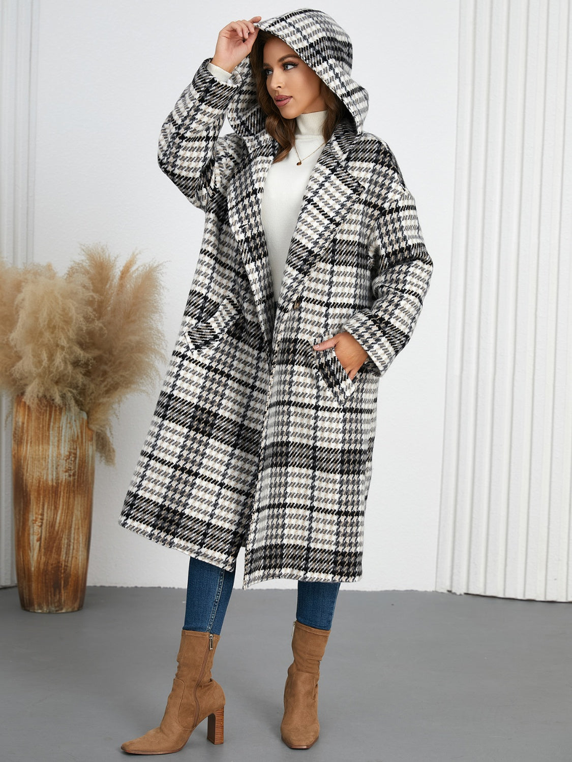 Blue Zone Planet | Plaid Double-Breasted Long Sleeve Longline Coat-TOPS / DRESSES-[Adult]-[Female]-2022 Online Blue Zone Planet