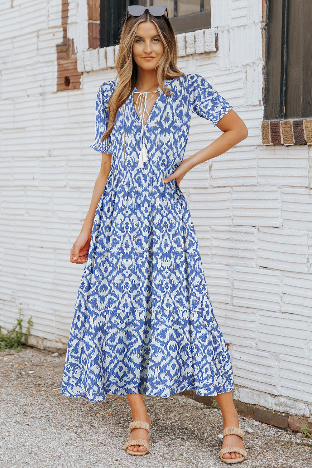 Blue Zone Planet |  Sky Blue V Neck Geometric Print Maxi Dress Blue Zone Planet