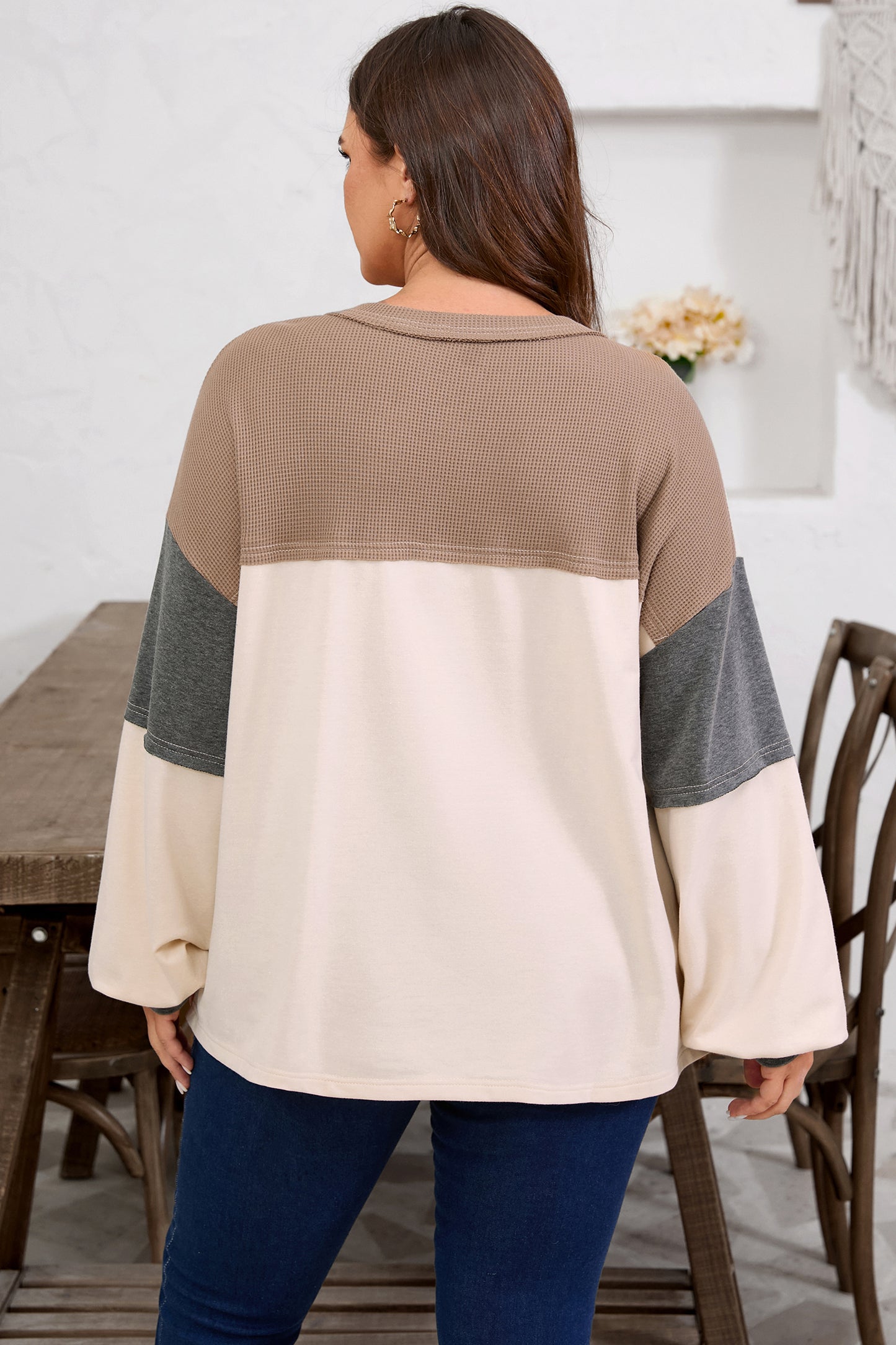 Jet Stream Waffle Patchwork Colorblock Half Buttons Casual Plus Size Knit Jumper-Plus Size/Plus Size Tops/Plus Size Long Sleeve Tops-[Adult]-[Female]-2022 Online Blue Zone Planet