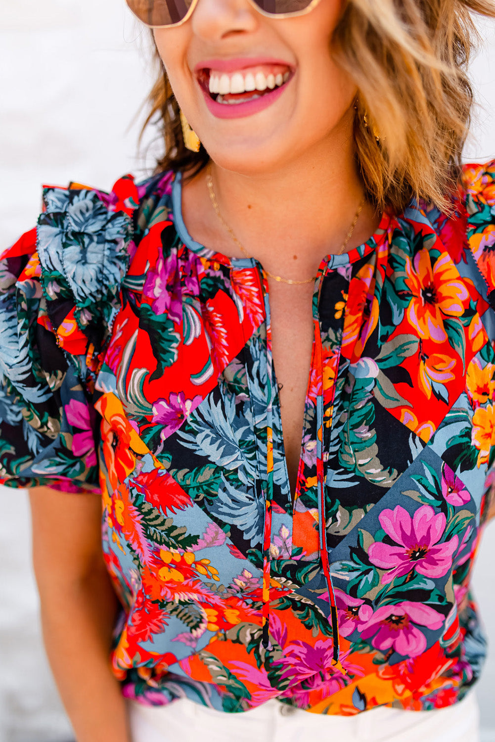 Blue Zone Planet |  Multicolour Floral Print Ruffle Trim Bubble Sleeve Split Neck Blouse Blue Zone Planet