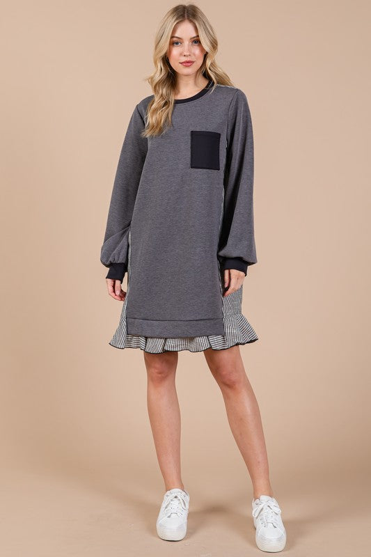 Ces Femme Striped Patchwork Round Neck Terry Sweatshirt Dress-TOPS / DRESSES-[Adult]-[Female]-2022 Online Blue Zone Planet