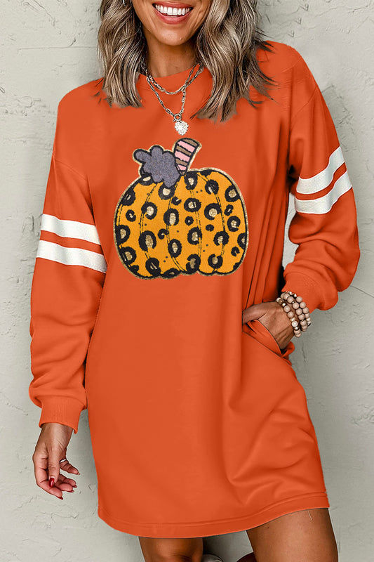 Orange Leopard Print Pumpkin Graphic Varsity Striped Long Sleeve Tunic Dress-TOPS / DRESSES-[Adult]-[Female]-Orange-S-2022 Online Blue Zone Planet