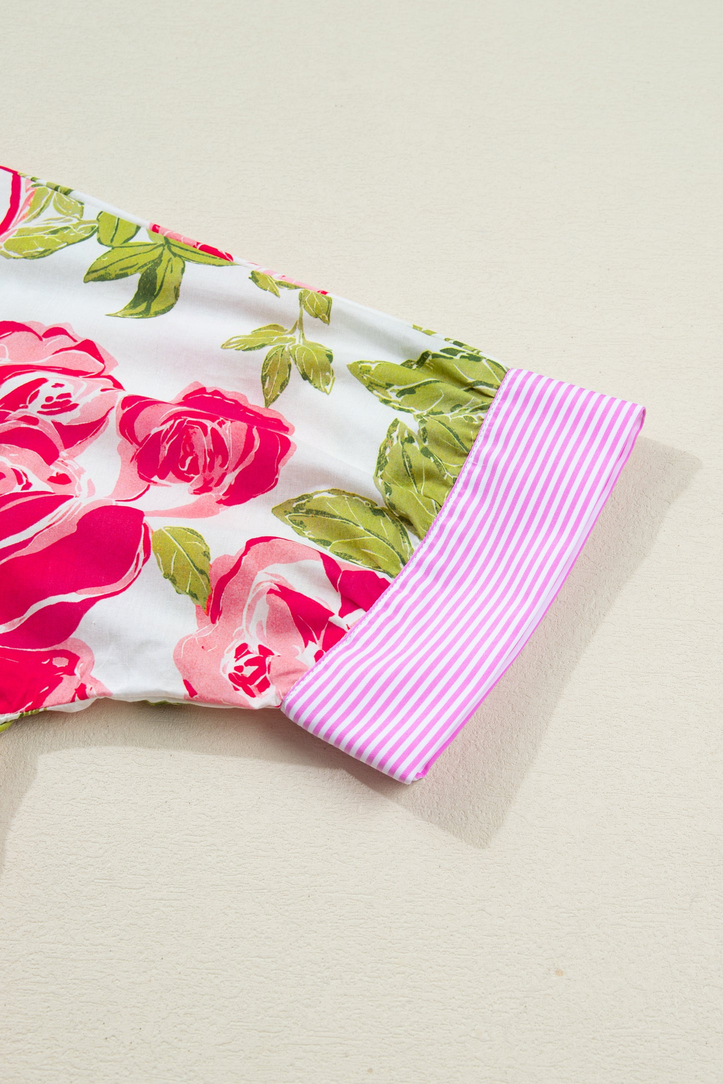 Pink Flower Print Striped Trim Frilled Collar Short Sleeve Shirt-Tops/Blouses & Shirts-[Adult]-[Female]-2022 Online Blue Zone Planet