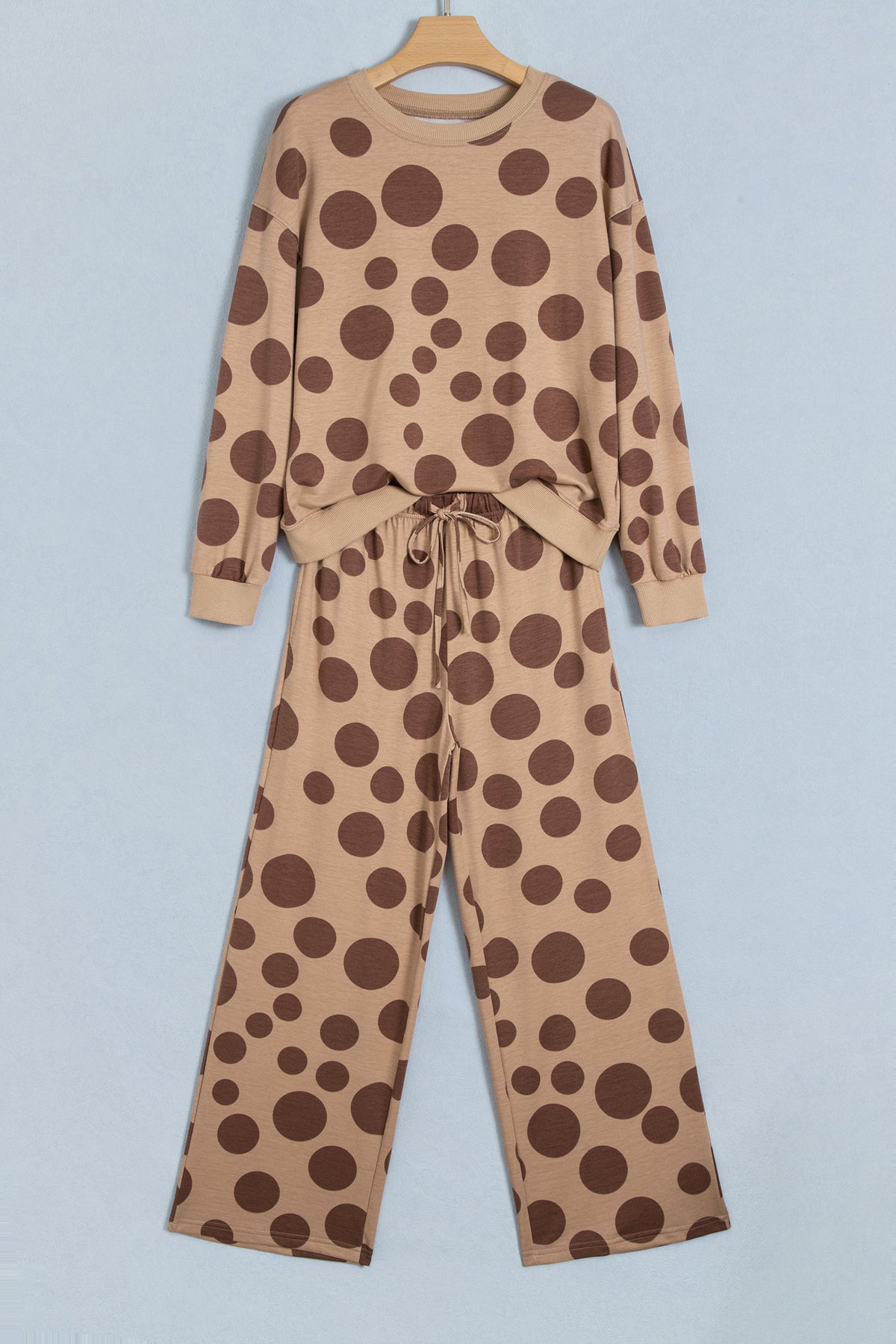 Khaki Polka Dot Long Sleeve Top Drawstring Relaxed Pants Set-Two Piece Sets/Pant Sets-[Adult]-[Female]-2022 Online Blue Zone Planet