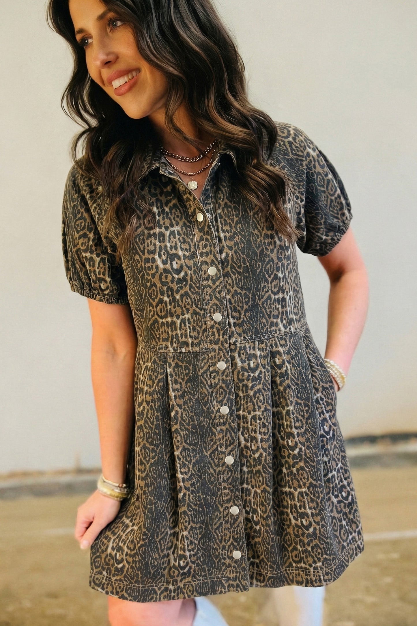 Gray Leopard Print Short Sleeve Pleated Denim Mini Dress-Dresses/Mini Dresses-[Adult]-[Female]-2022 Online Blue Zone Planet