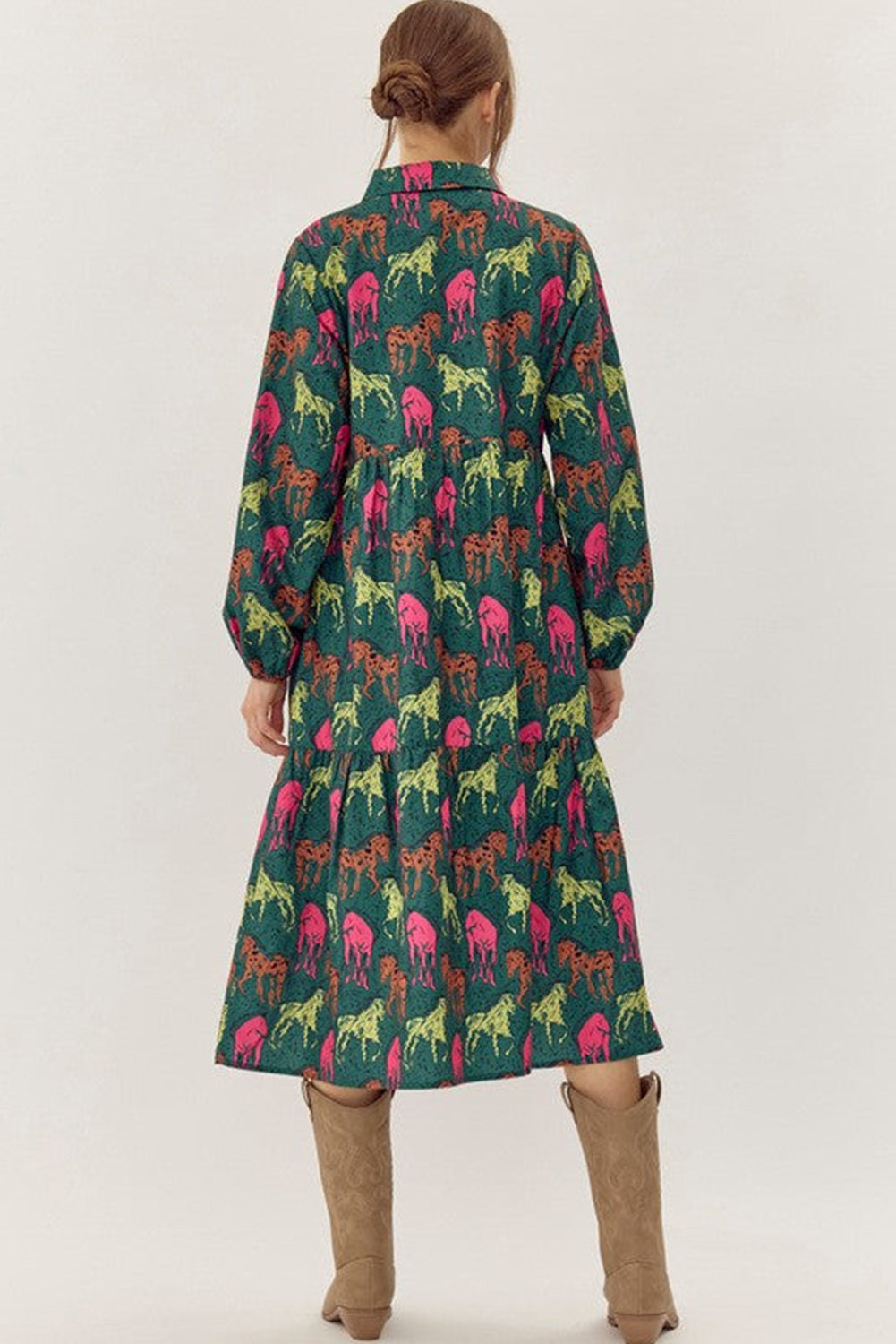 Blue Zone Planet | Green Horse Printed Long Sleeve Collared Buttoned Plus Size Midi Dress-TOPS / DRESSES-[Adult]-[Female]-2022 Online Blue Zone Planet