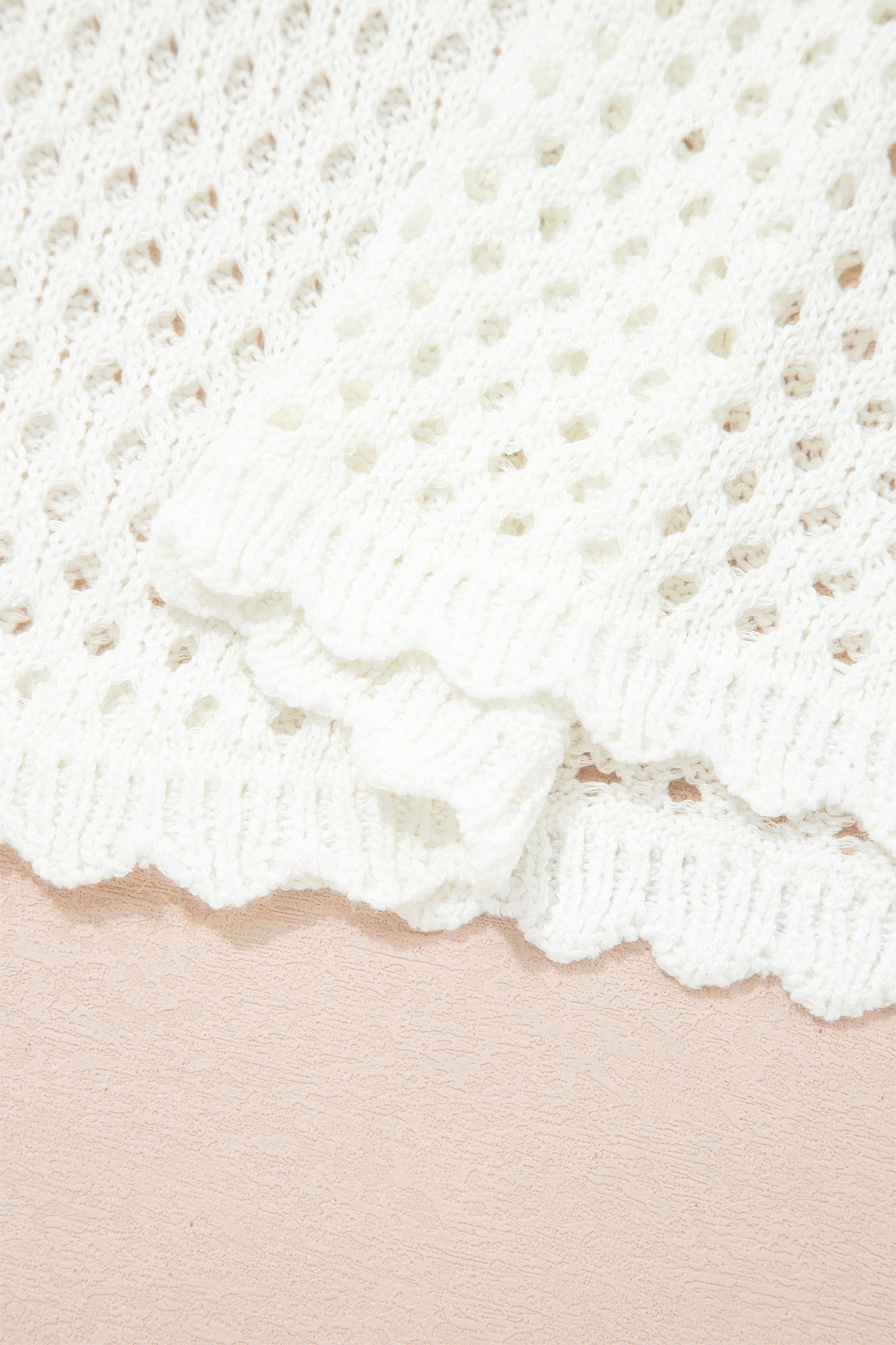Yellow Cream Scalloped Trim Hollow Out Knit Long Sleeve Top-Sweaters & Cardigans/Sweaters-[Adult]-[Female]-2022 Online Blue Zone Planet