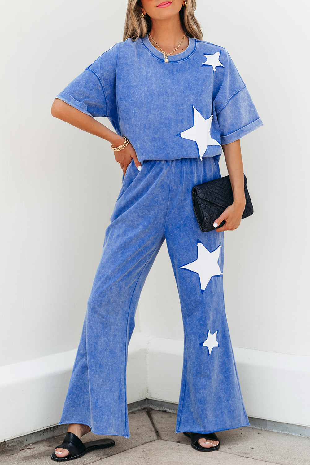 Ashleigh Blue Acid Wash Star Patched Rolled Trim Pants Set-Two Piece Sets/Pant Sets-[Adult]-[Female]-2022 Online Blue Zone Planet