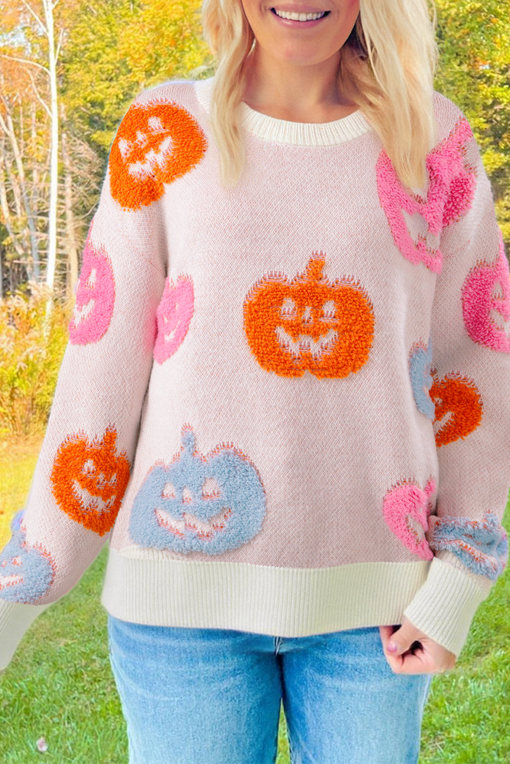 Beige Halloween Cute Pumpkin Pattern Sweater-TOPS / DRESSES-[Adult]-[Female]-Beige-S-2022 Online Blue Zone Planet