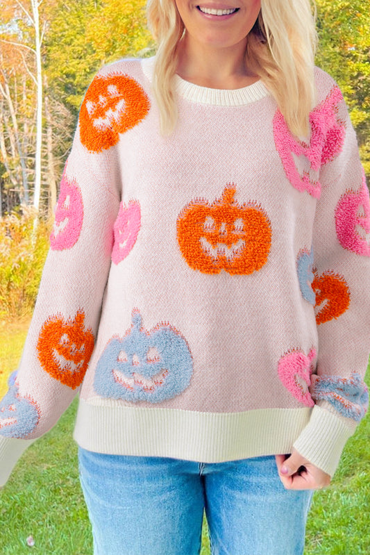 Beige Halloween Cute Pumpkin Pattern Sweater-TOPS / DRESSES-[Adult]-[Female]-Beige-S-2022 Online Blue Zone Planet