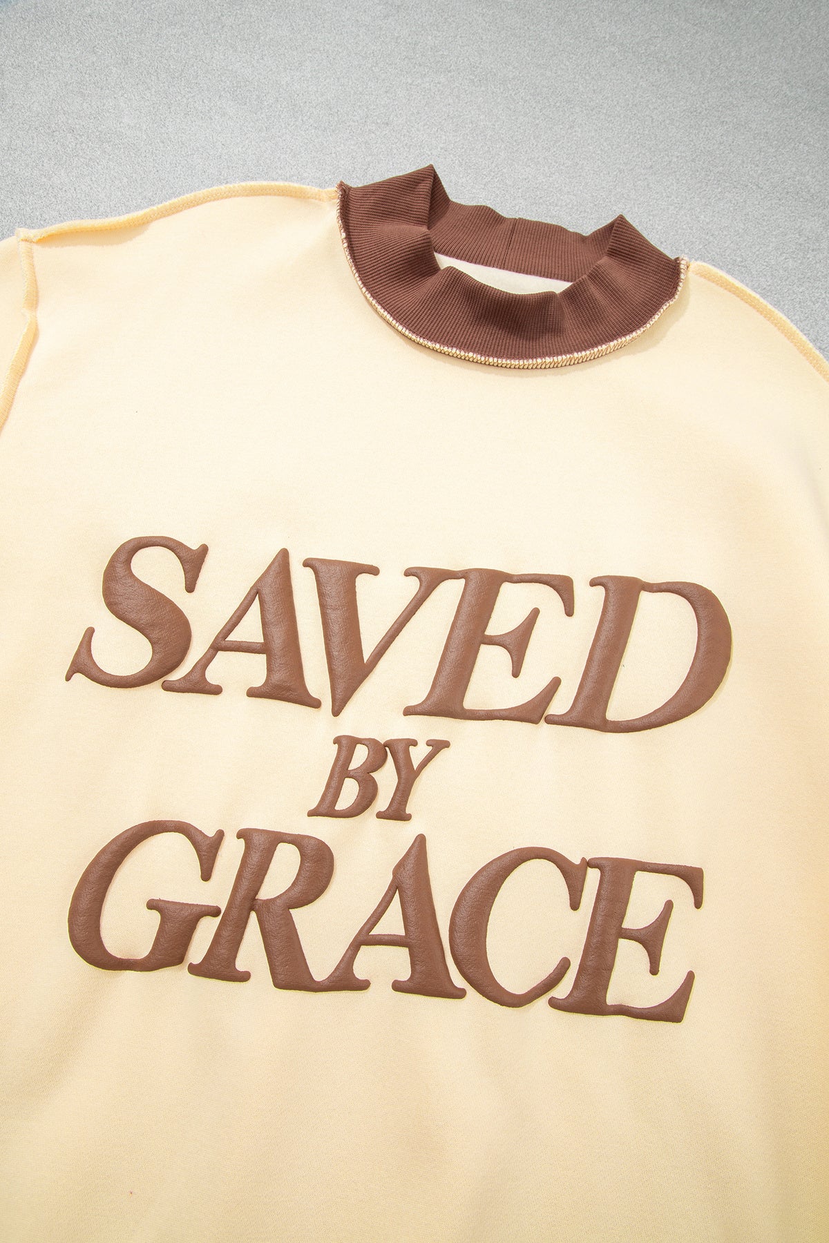 Beige Saved By Grace Print Color Block Mock Neck Oversized Sweatshirt-Tops/Sweatshirts & Hoodies-[Adult]-[Female]-2022 Online Blue Zone Planet