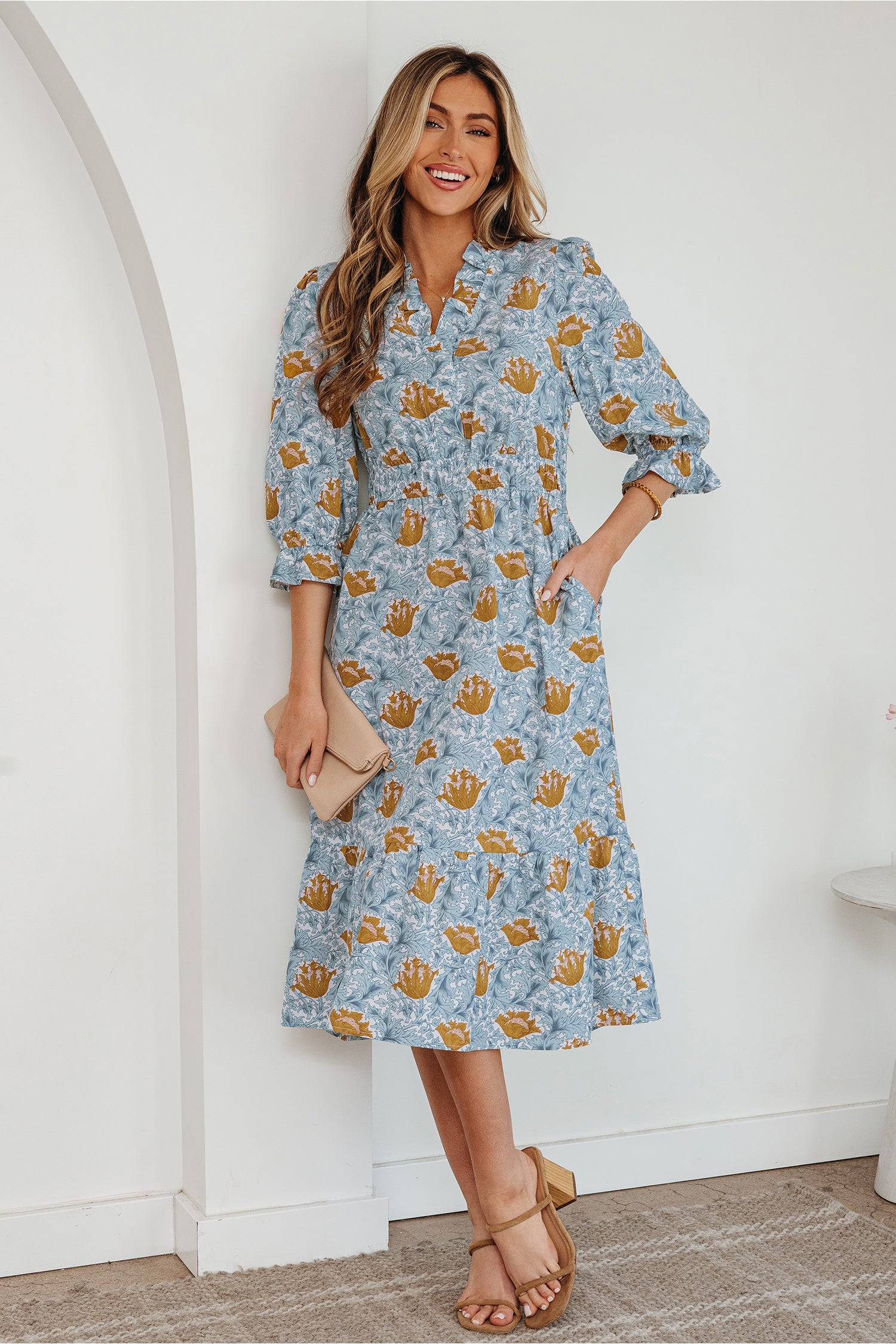 Brown Floral Printed Frilled V Neck Bracelet Sleeve Long Dress-Bracelet-[Adult]-[Female]-2022 Online Blue Zone Planet