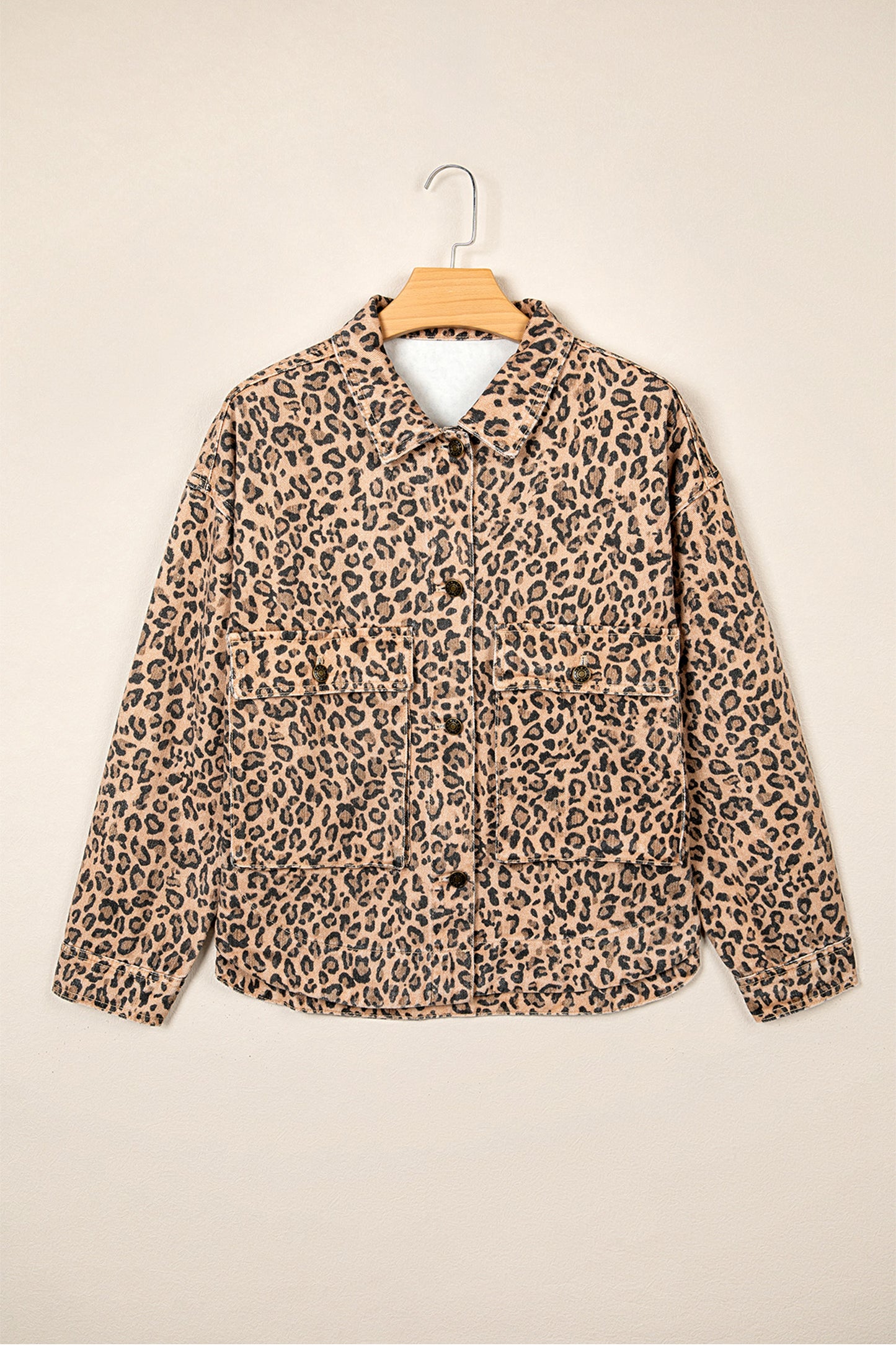 Khaki Leopard Print Collar Long Sleeve Patch Pocket Shift Denim Jacket-Outerwear/Denim jackets-[Adult]-[Female]-2022 Online Blue Zone Planet