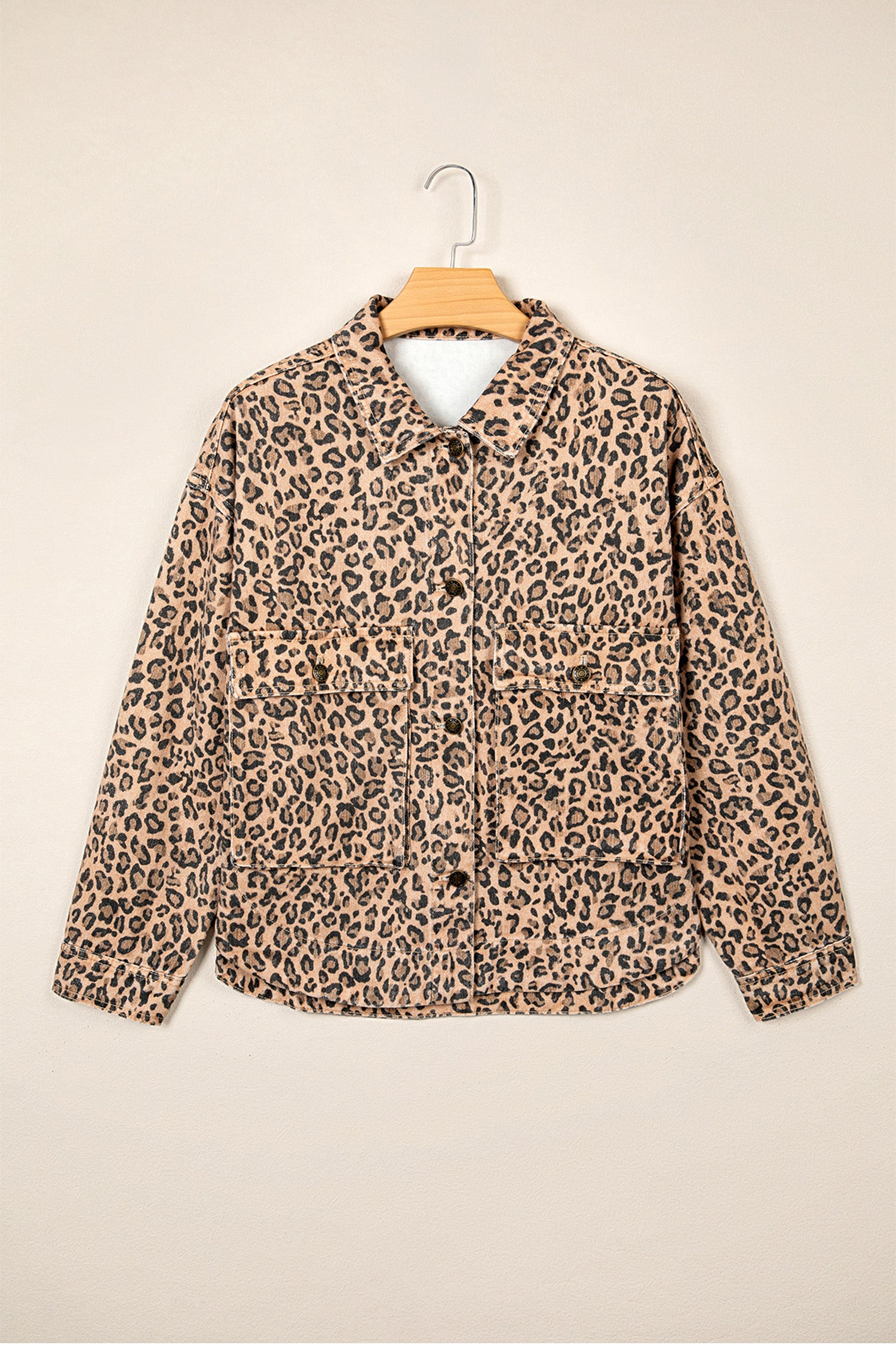 Khaki Leopard Print Collar Long Sleeve Patch Pocket Shift Denim Jacket-Outerwear/Denim jackets-[Adult]-[Female]-2022 Online Blue Zone Planet