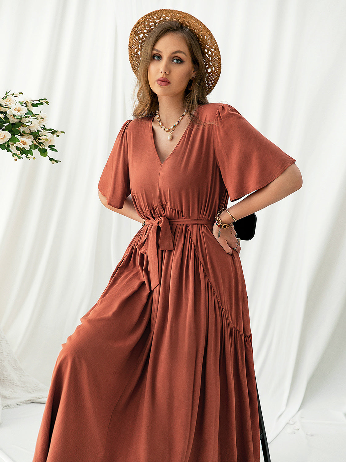 Plus Size V-Neck Flutter Sleeve Midi Dress-TOPS / DRESSES-[Adult]-[Female]-2022 Online Blue Zone Planet