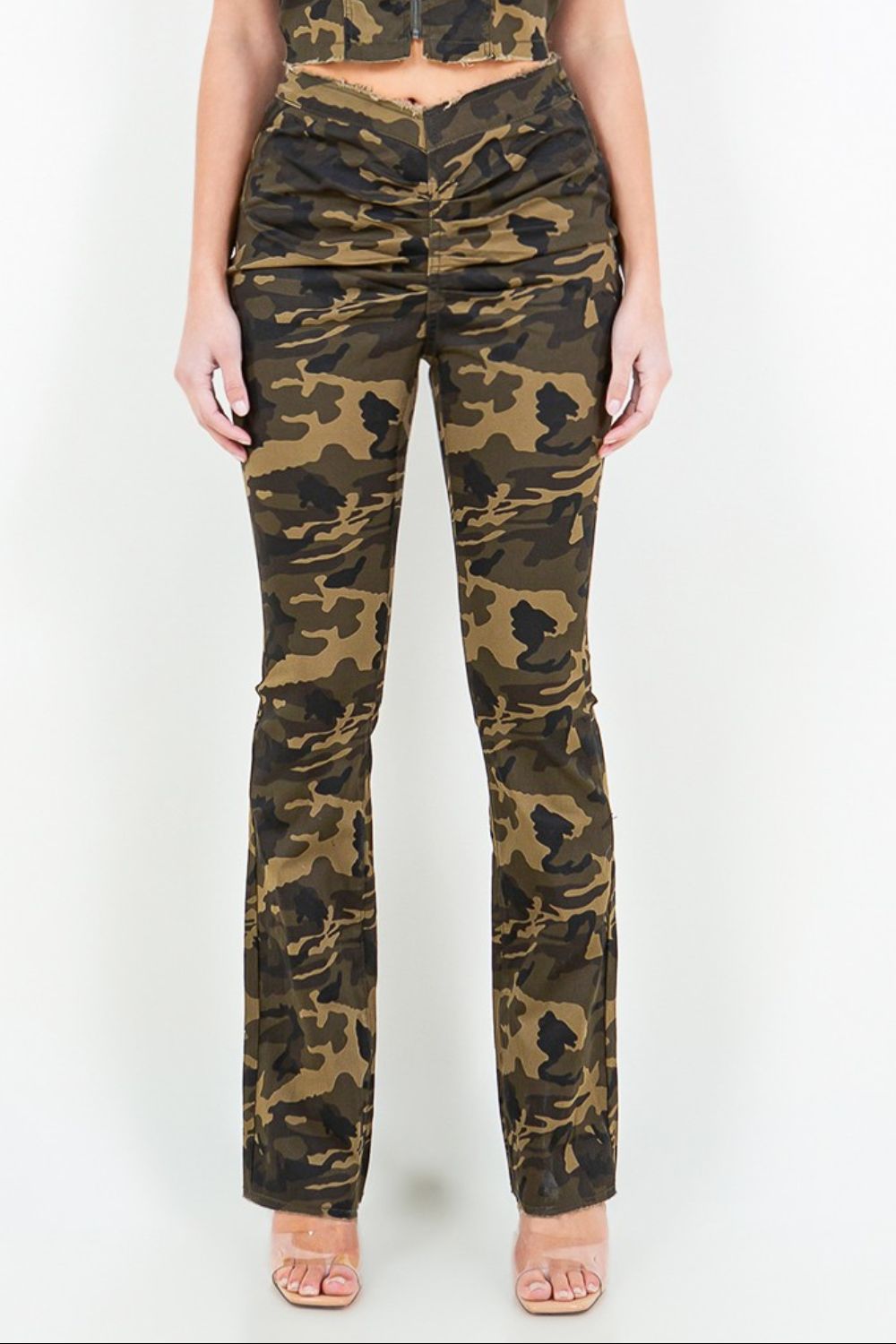 American Bazi V-Cut Ruched Camo Flare Pants-BOTTOMS SIZES SMALL MEDIUM LARGE-[Adult]-[Female]-2022 Online Blue Zone Planet