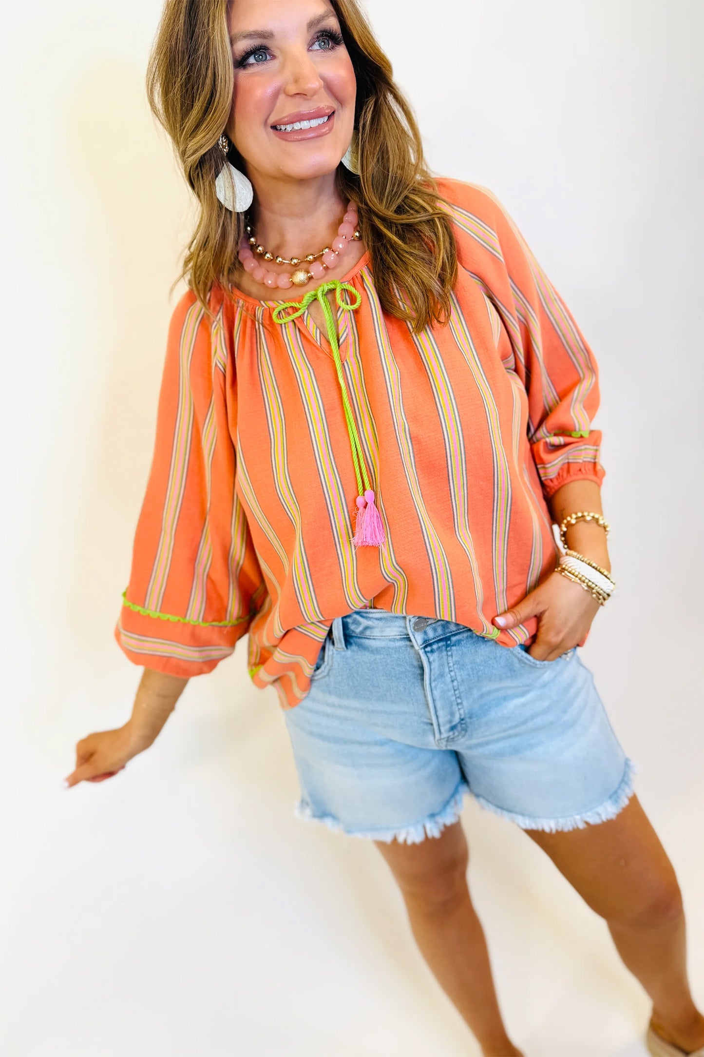 Orange Stripe Tassel Tie Neck Bracelet Sleeve Cotton Blouse-Tops/Blouses & Shirts-[Adult]-[Female]-2022 Online Blue Zone Planet
