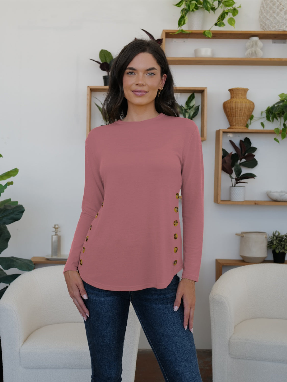 Round Neck Long Sleeve T-Shirt-TOPS / DRESSES-[Adult]-[Female]-Dusty Pink-S-2022 Online Blue Zone Planet