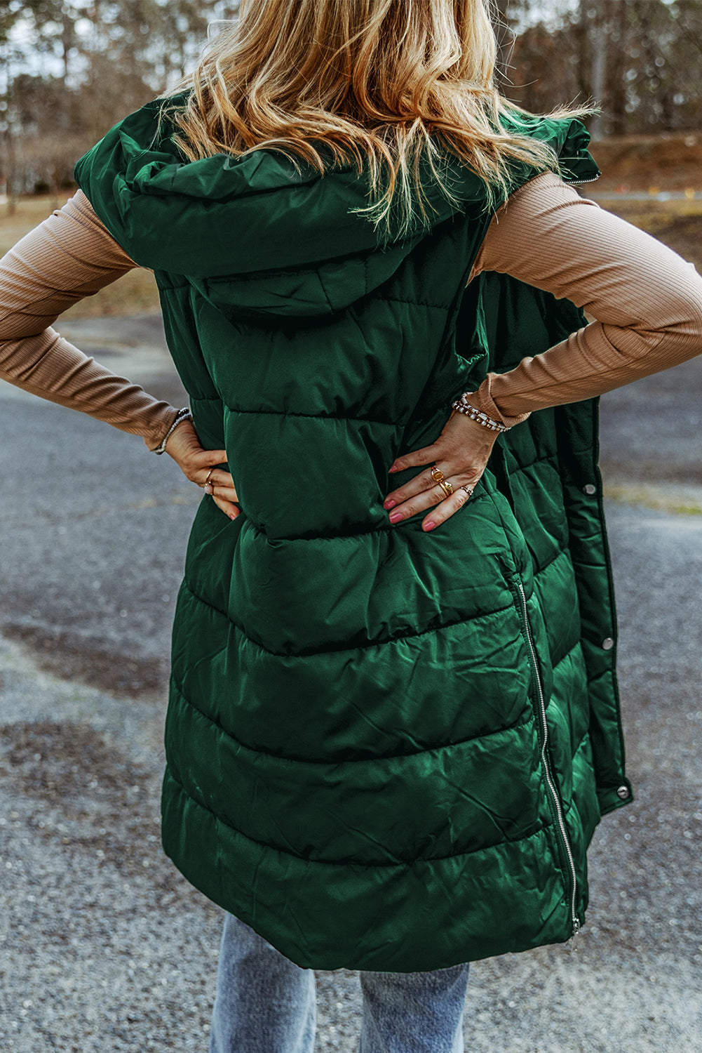 Green Hooded Long Quilted Vest Coat-Outerwear/Vests-[Adult]-[Female]-2022 Online Blue Zone Planet