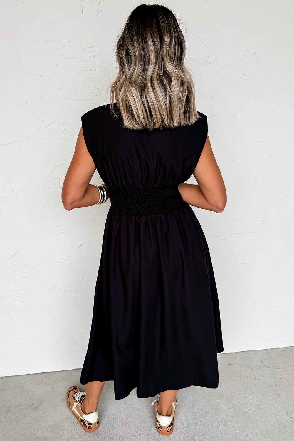 Black Sleeveless Zipped Front V Neck Shirred Waist Maxi Dress-TOPS / DRESSES-[Adult]-[Female]-2022 Online Blue Zone Planet