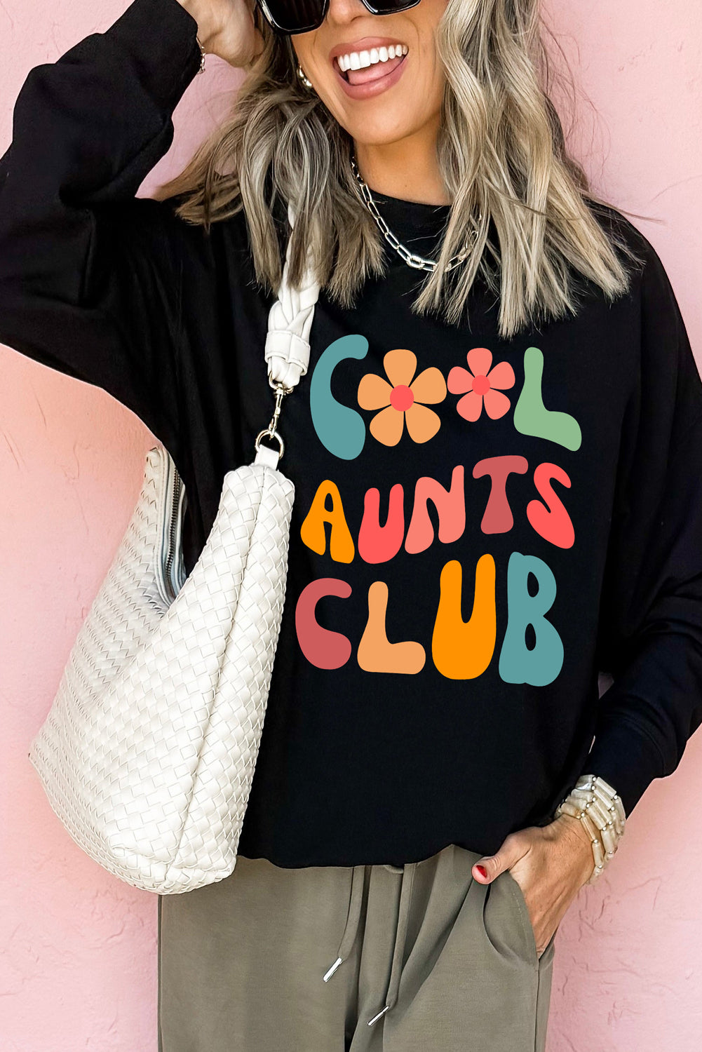 Black Floral COOL AUNTS CLUB Graphic Pullover Sweatshirt-Graphic/Graphic Sweatshirts-[Adult]-[Female]-Black-S-2022 Online Blue Zone Planet