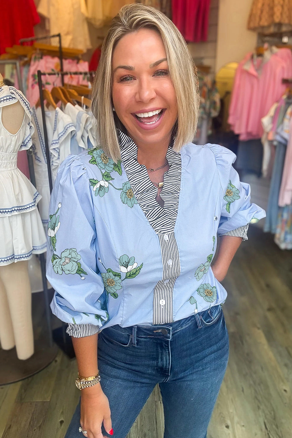 Sky Blue Floral Print Contrast Striped Trim Ruffled V Neck Fall Blouse-Tops/Blouses & Shirts-[Adult]-[Female]-2022 Online Blue Zone Planet