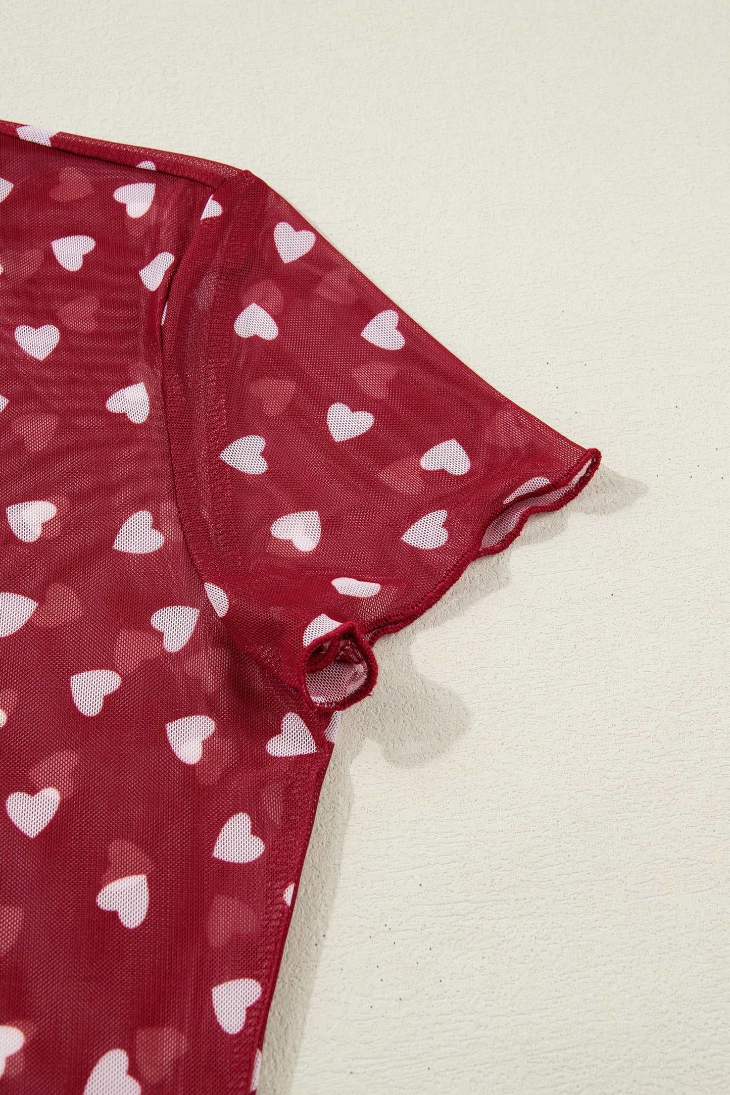 Racing Red Allover Heart Print Mesh Short Sleeve Top-Tops/Tops & Tees-[Adult]-[Female]-2022 Online Blue Zone Planet