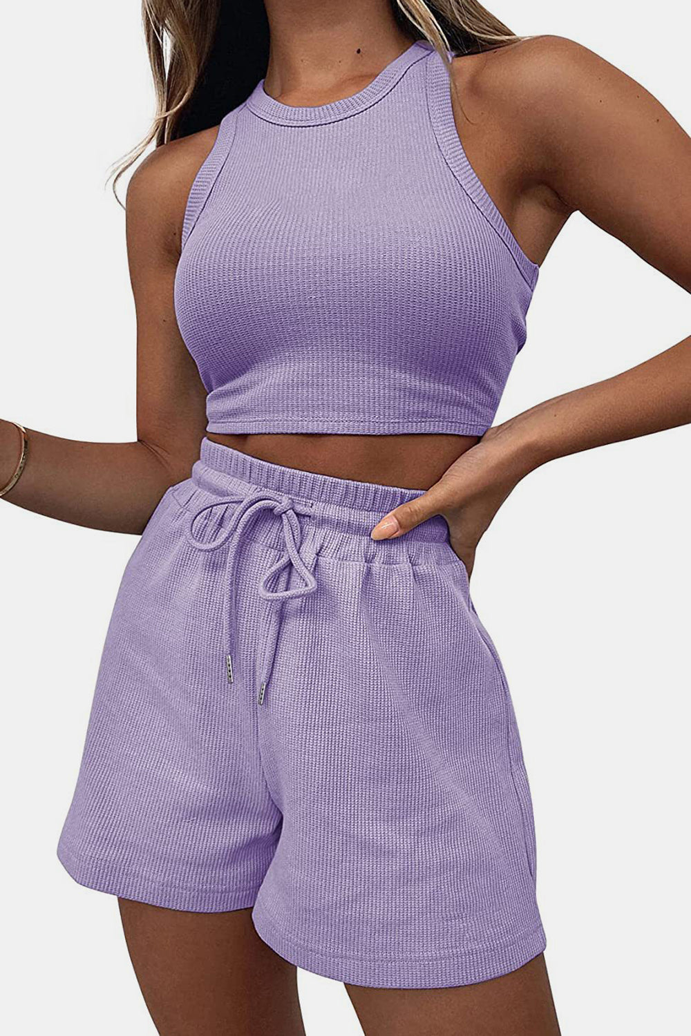 Round Neck Top and Drawstring Shorts Set-TOPS / DRESSES-[Adult]-[Female]-Lavender-S-2022 Online Blue Zone Planet