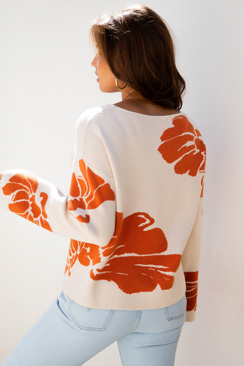 Beige Bold Flower Pattern Wide Sleeve Baggy Sweater-Sweaters & Cardigans/Sweaters-[Adult]-[Female]-2022 Online Blue Zone Planet