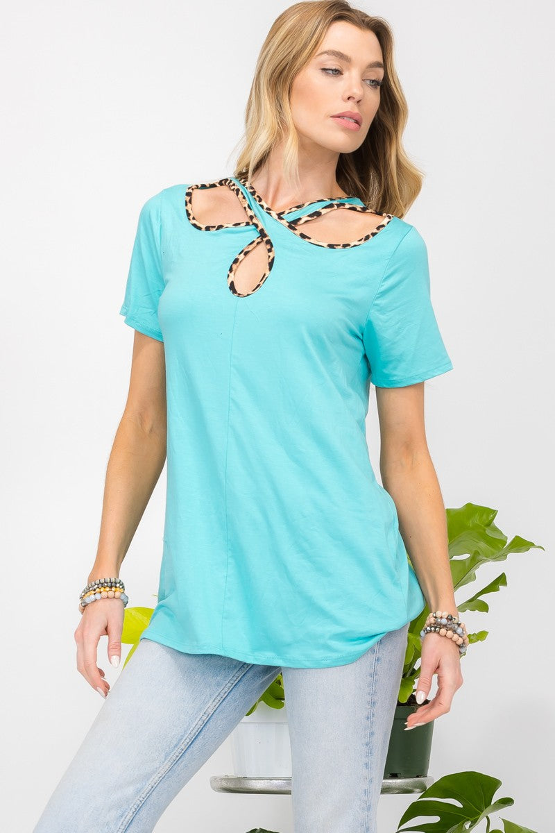 Celeste Full Size Crisscross Cutout Leopard Contrast Trim T-Shirt-TOPS / DRESSES-[Adult]-[Female]-Mint-S-2022 Online Blue Zone Planet