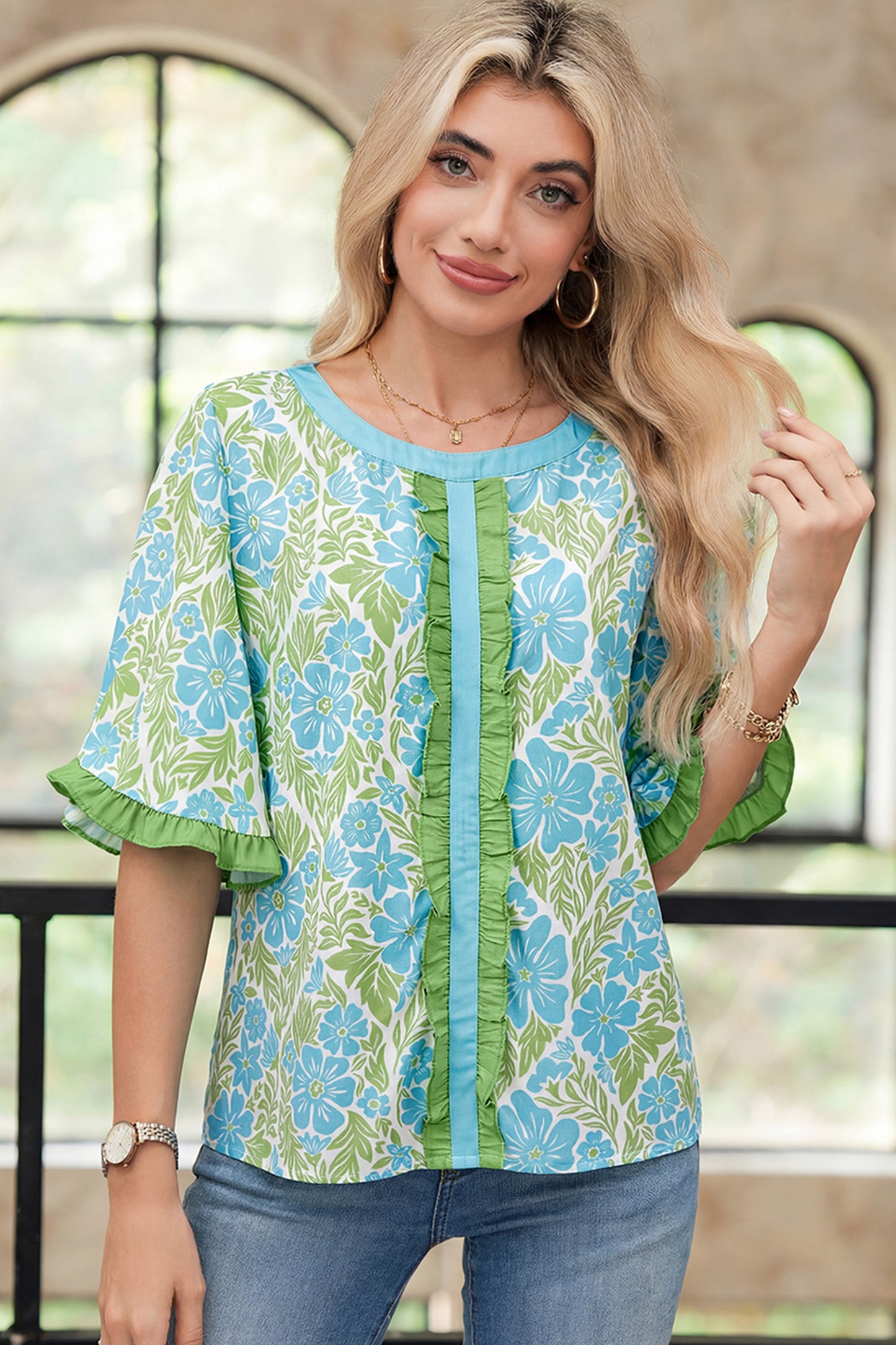Sky Blue Floral Print Ruffled Color Block Trim Half Sleeve Blouse-Tops/Blouses & Shirts-[Adult]-[Female]-2022 Online Blue Zone Planet
