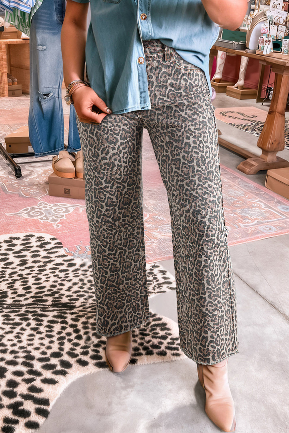 Brown Leopard Frayed Edge Wide Leg High Waist Jeans-Bottoms/Jeans-[Adult]-[Female]-2022 Online Blue Zone Planet