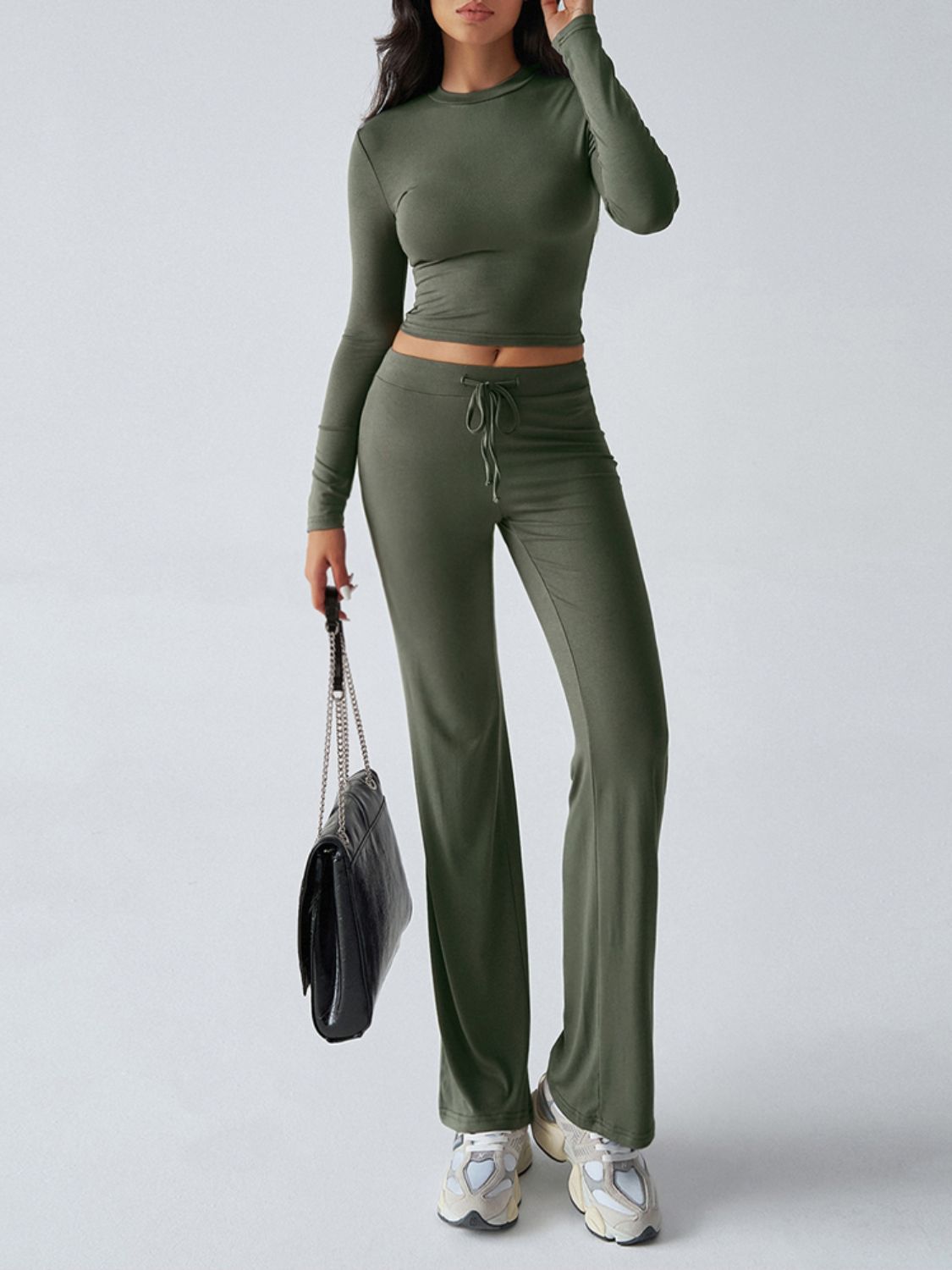 Blue Zone Planet | Devine Round Neck Long Sleeve Top and Drawstring Pants Set-TOPS / DRESSES-[Adult]-[Female]-Moss-S-2022 Online Blue Zone Planet