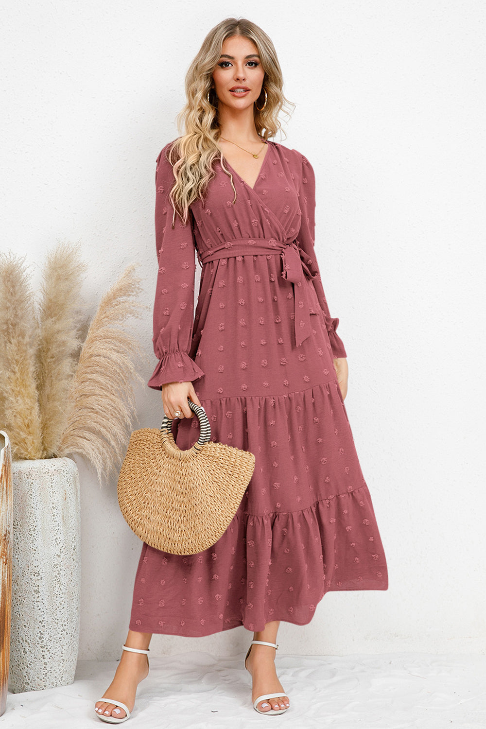 Swiss Dot Tied Surplice Flounce Sleeve Dress-TOPS / DRESSES-[Adult]-[Female]-Dusty Pink-S-2022 Online Blue Zone Planet