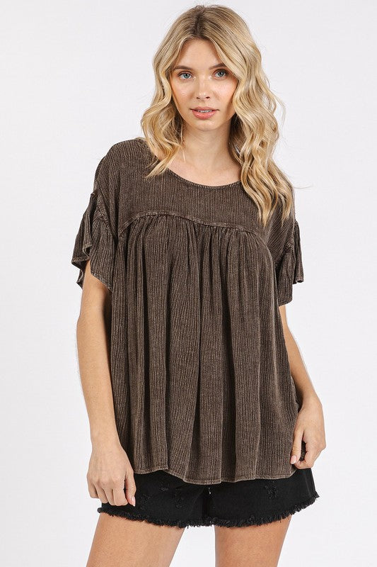 Mittoshop Mineral Washed Round Neck Ruffle Sleeve Blouse-TOPS / DRESSES-[Adult]-[Female]-Chocolate-S-2022 Online Blue Zone Planet