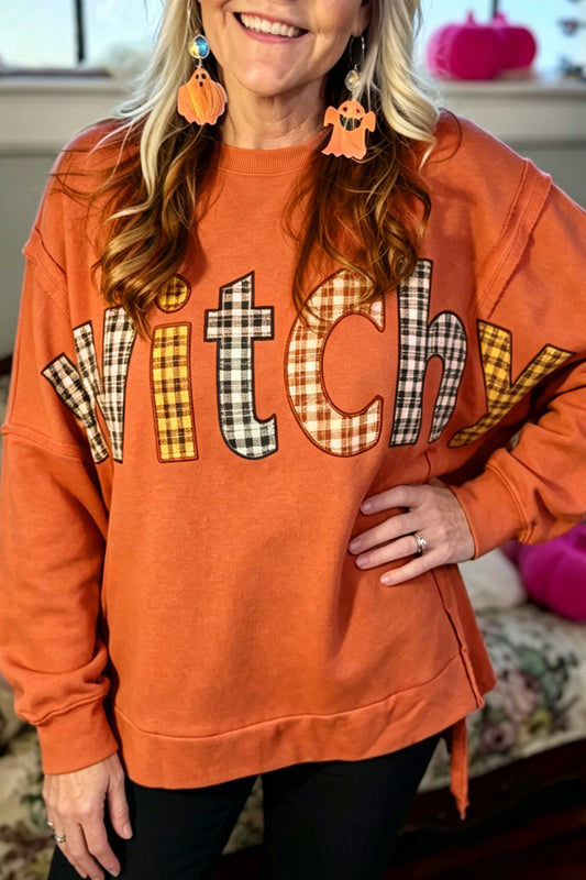 Flamingo Halloween Witchy Plaid Slogan Embroidered Patch Tunic Sweatshirt-Tops/Long Sleeve Tops-[Adult]-[Female]-2022 Online Blue Zone Planet