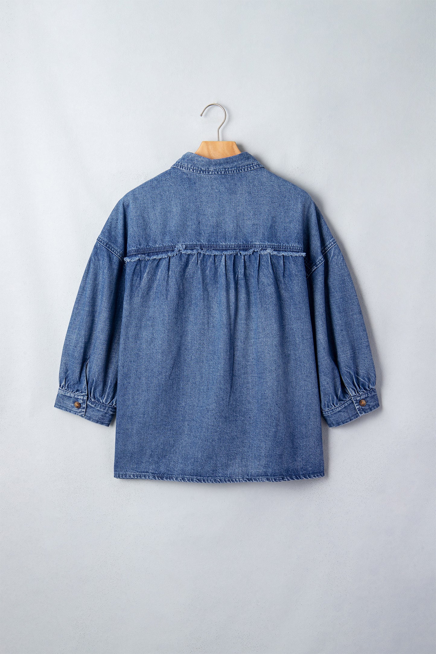 Dusk Blue Three Quarter Sleeve Button Front Loose Denim Shirt-Tops/Blouses & Shirts-[Adult]-[Female]-2022 Online Blue Zone Planet