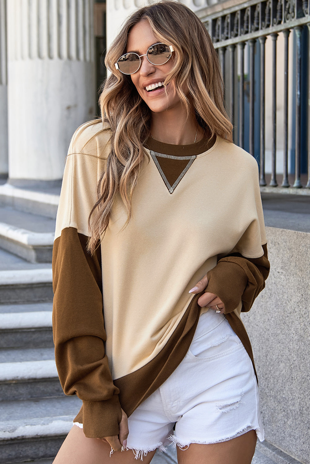 Blue Zone Planet | Parchment Color Block Thumbhole Sleeve Drop Shoulder Sweatshirt-Tops/Sweatshirts & Hoodies-[Adult]-[Female]-Apricot-S-2022 Online Blue Zone Planet