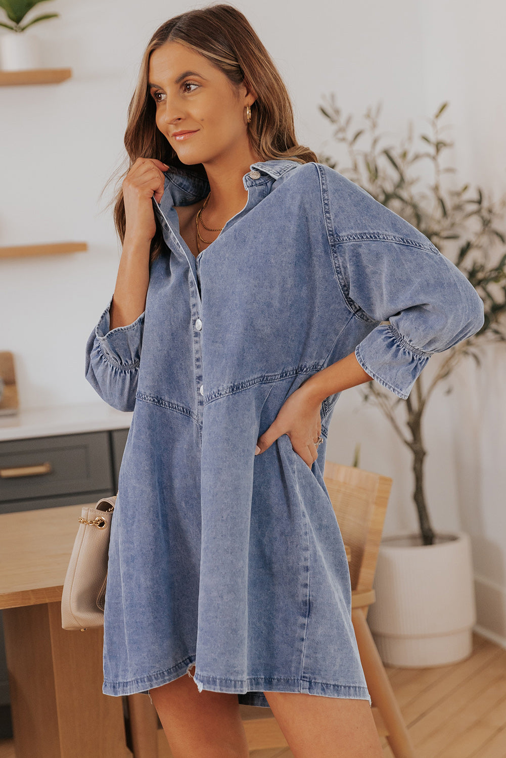 Blue Zone Planet | Sky Blue Buttoned Long Sleeve Denim Mini Dress-TOPS / DRESSES-[Adult]-[Female]-2022 Online Blue Zone Planet