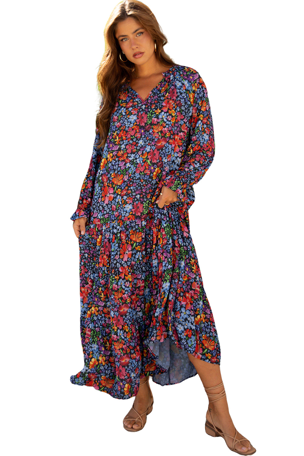 Blue Floral Print Tassel Tie V Neck Long Sleeve Flowy Long Dress-TOPS / DRESSES-[Adult]-[Female]-2022 Online Blue Zone Planet