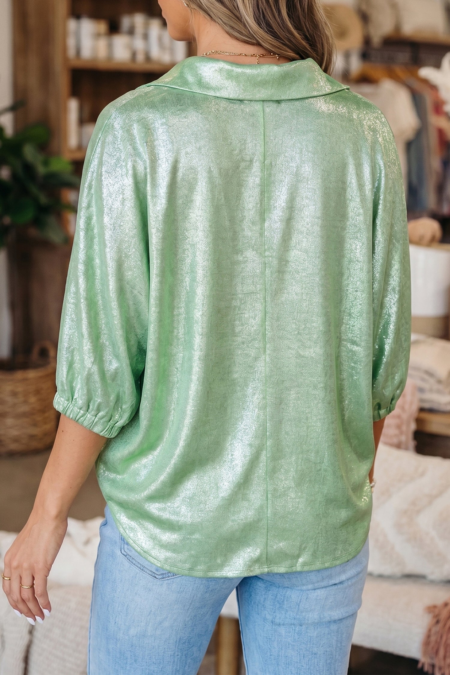 Clearly Aqua Collared V Neck Half Sleeve Metallic Top-Tops/Blouses & Shirts-[Adult]-[Female]-2022 Online Blue Zone Planet