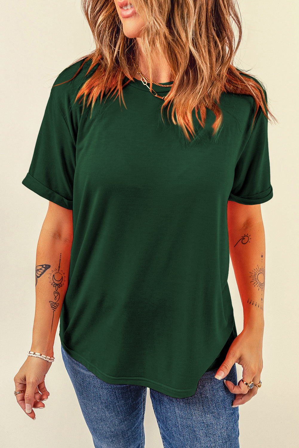 Bright Green Casual Plain Crew Neck Tee-Tops/Tops & Tees-[Adult]-[Female]-2022 Online Blue Zone Planet