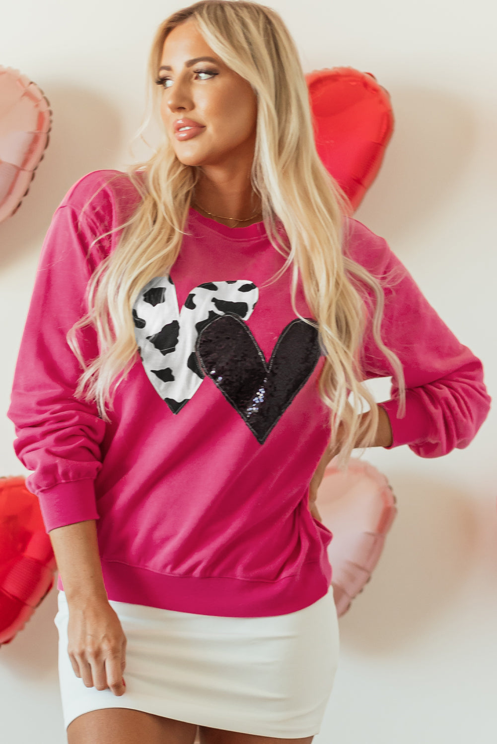 Strawberry Pink Cow & Sequin Double Heart Patch Graphic Sweatshirt-Tops/Sweatshirts & Hoodies-[Adult]-[Female]-2022 Online Blue Zone Planet