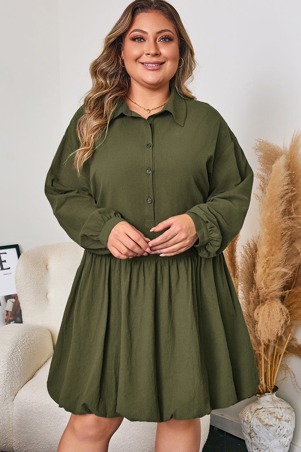 Four Leaf Clover Plus Size Collar Half Button Long Sleeve Ruffle Hem Mini Dress-TOPS / DRESSES-[Adult]-[Female]-2022 Online Blue Zone Planet