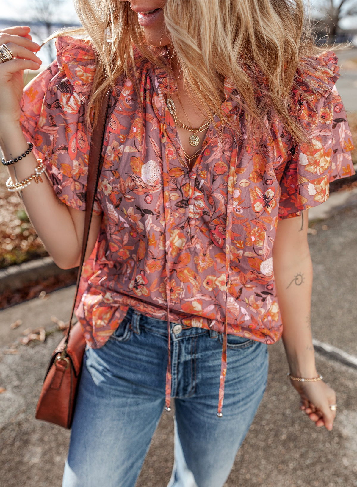 Orange Floral Print Ruffled Flutter Sleeve Frilled V Neck Blouse-Tops/Blouses & Shirts-[Adult]-[Female]-2022 Online Blue Zone Planet