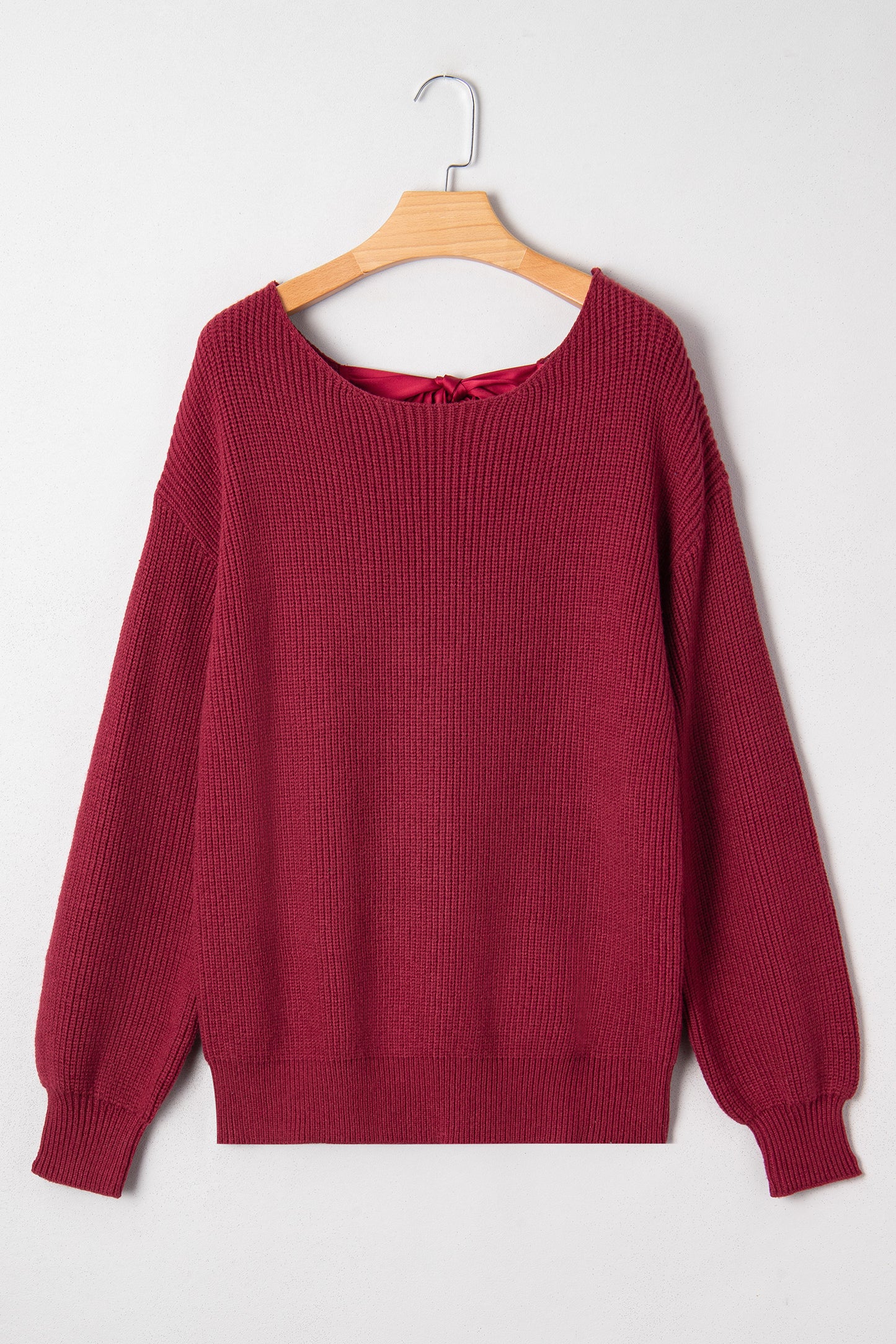 Red Dahlia Ribbed Knit Ribbon Knot Backless Drop Shoulder Sweater-Sweaters & Cardigans/Sweaters-[Adult]-[Female]-2022 Online Blue Zone Planet