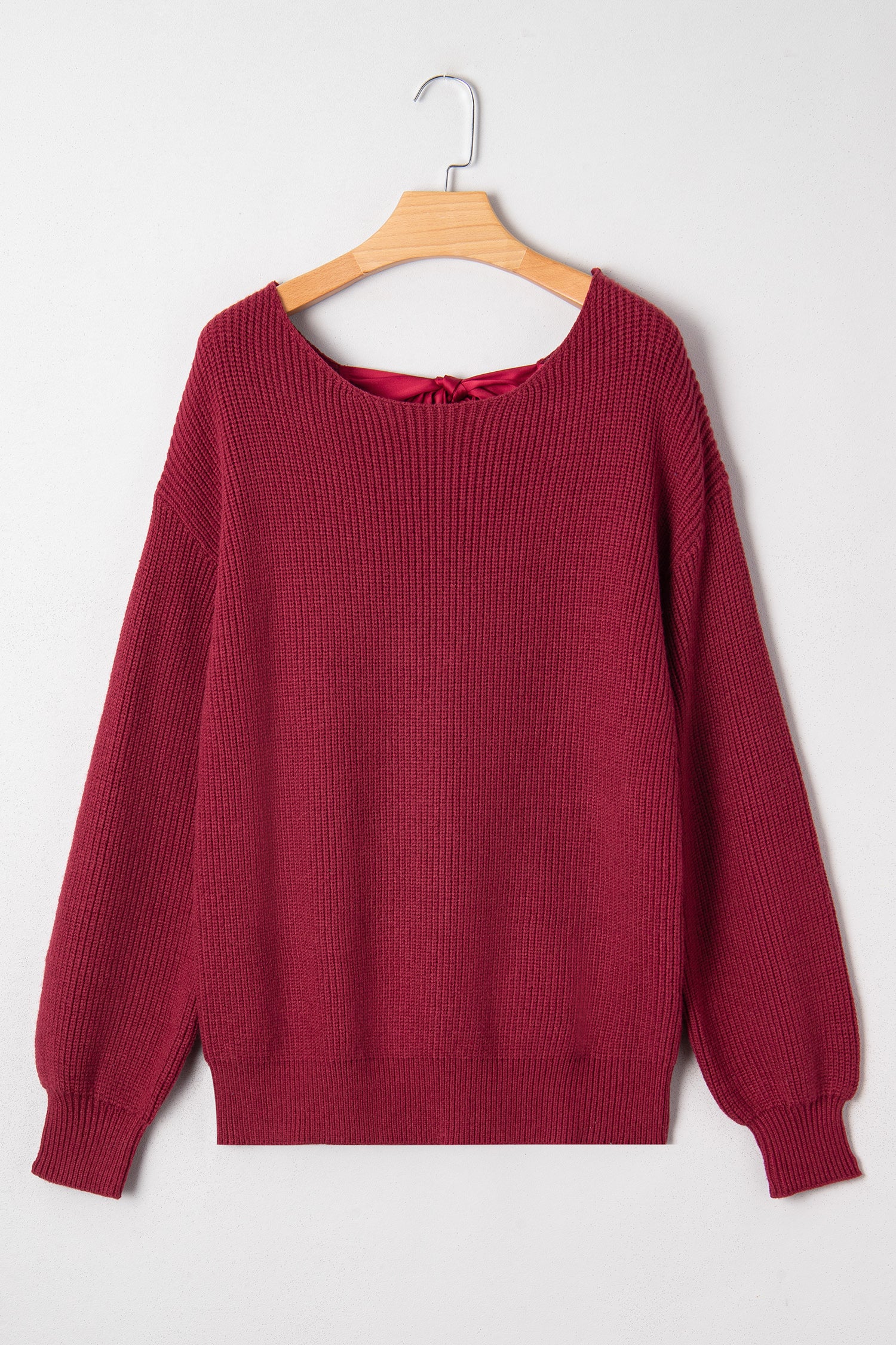 Red Dahlia Ribbed Knit Ribbon Knot Backless Drop Shoulder Sweater-Sweaters & Cardigans/Sweaters-[Adult]-[Female]-2022 Online Blue Zone Planet