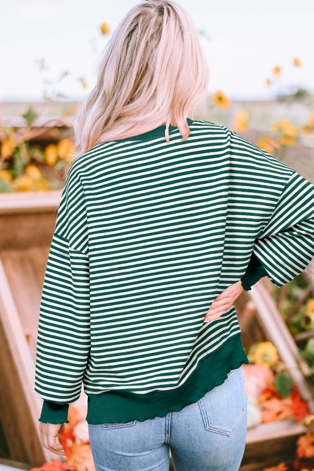 Green Stripe Chenille LUCKY Patched Pattern St Patrick Long Sleeve Top-Graphic/Graphic Long Sleeve Tees-[Adult]-[Female]-2022 Online Blue Zone Planet